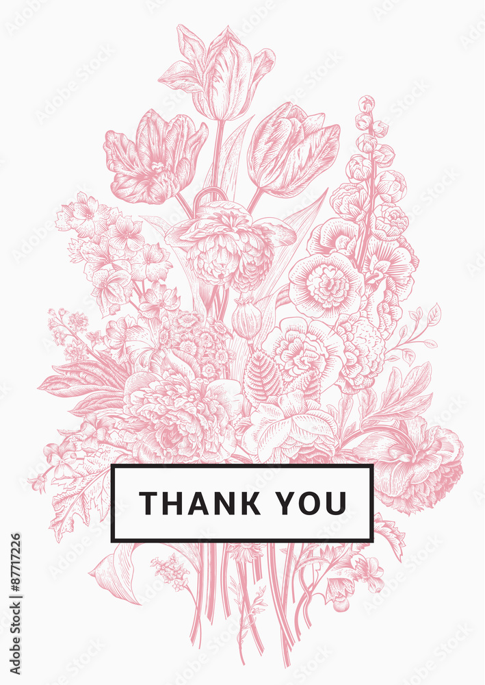 Vintage floral card. Victorian bouquet. Pink peonies, mallow, delphinium, roses, tulips, violets, petunia. Thank you. Vector illustration.