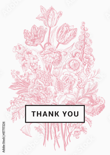 Vintage floral card. Victorian bouquet. Pink peonies, mallow, delphinium, roses, tulips, violets, petunia. Thank you. Vector illustration.