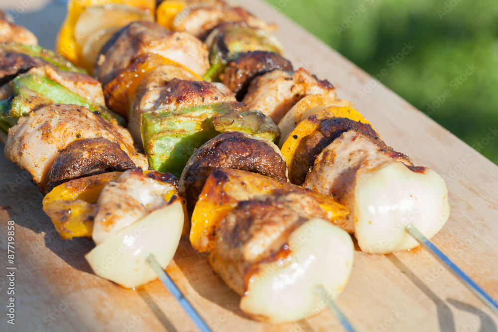 Grilled kebab with turkey, peppers and mushrooms. Grilled kebab with turkey, peppers and mushrooms.