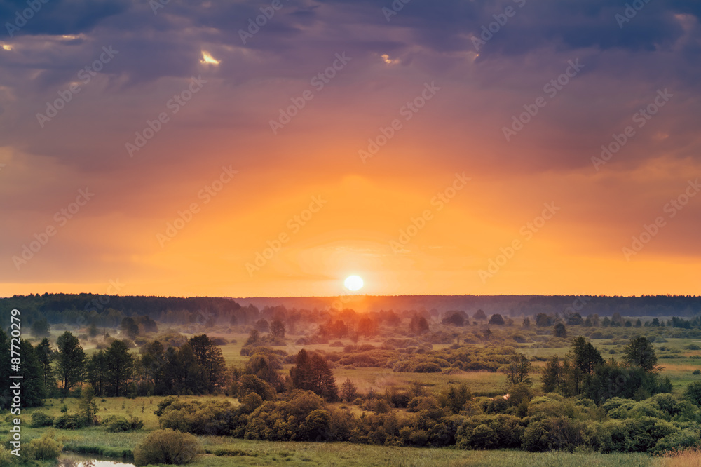 Beautiful Forest On Sunrise. Dramatic Sky With Sunrise Sun Over Beautiful Forest On Sunrise. Dramatic Sky With Sunrise Sun Over