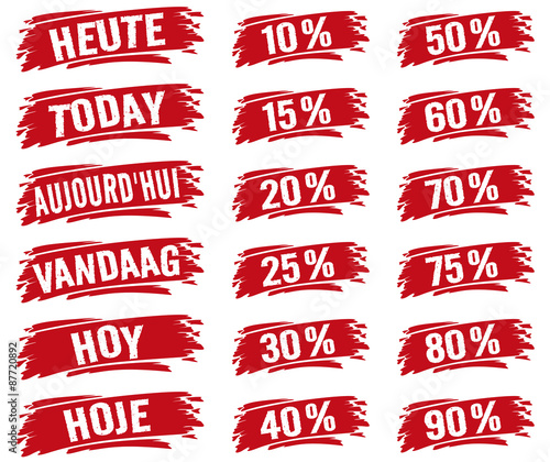 Heute Prozente – Schrift beschädigt – in 6 Sprachen (DE, GB, FR, NL, ES, PT) und ein Prozente-Piktogramm in 12 abgestuften Prozentwerten auf rotem Wischer 