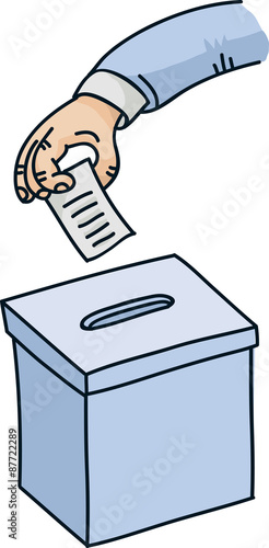 A cartoon hand inserting a cartoon election ballot into a ballot box.
