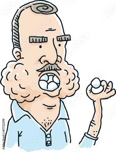 A cartoon golfer man who has stuffed his mouth completely full of golf balls while holding a single golf ball.