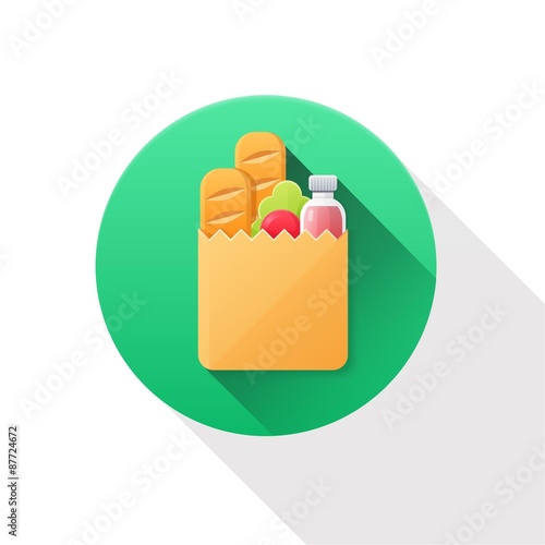 Paper bag with food flat icon on white background.