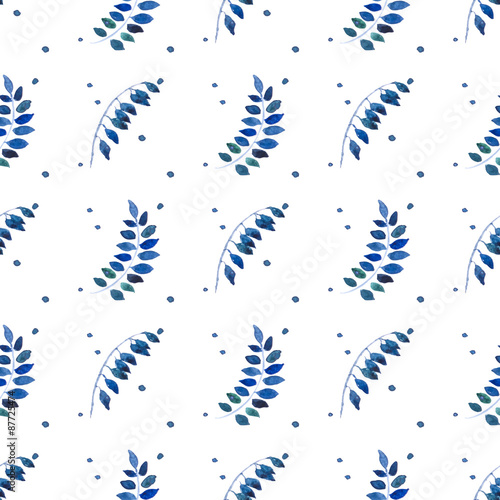 Seamless pattern with watercolor blue leaves and dots