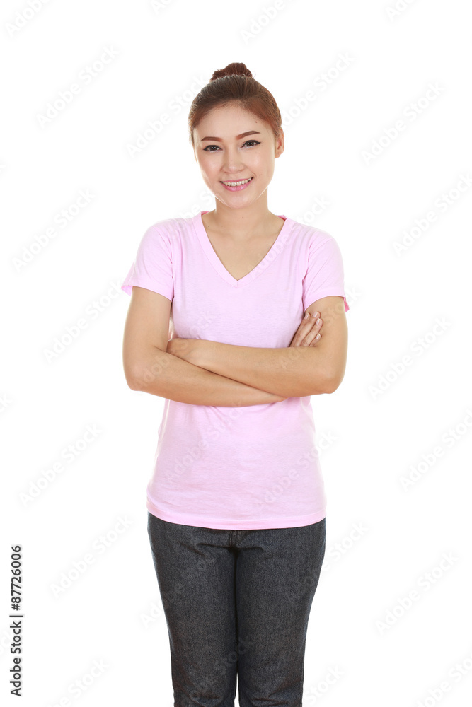woman with arms crossed, wearing t-shirt woman with arms crossed, wearing t-shirt