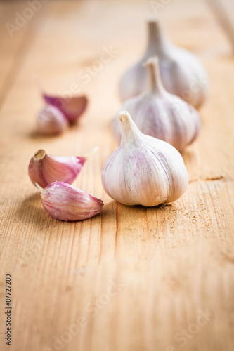 Healthy Organic Garlic Vegetables Whole And Cloves On The Wooden