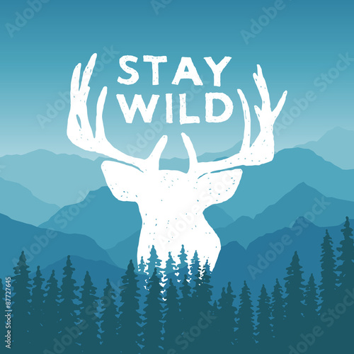 Obraz na plátně hand drawn wilderness typography poster with deer and pine trees