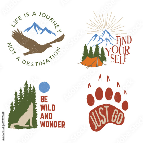 set of wilderness hand drawn typography posters, emblems and quotes. artworks for hipster wear. vector Inspirational illustration 