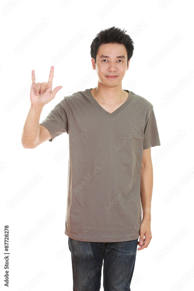 man in t-shirt with hand sign I love you man in t-shirt with hand sign I love you