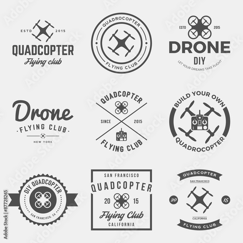 vector set of drone flying club labels, badges and design elements