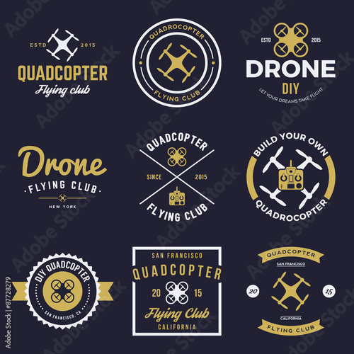 vector set of drone flying club labels, badges and design elements