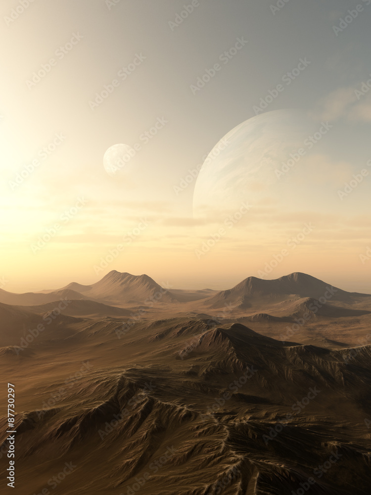 Planet Rise - Science fiction illustration of planets rising over the horizon of a desolate alien world, 3d digitally rendered illustration