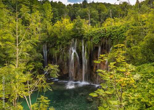 Beautiful waterfall in the forest. In the foreground branches of