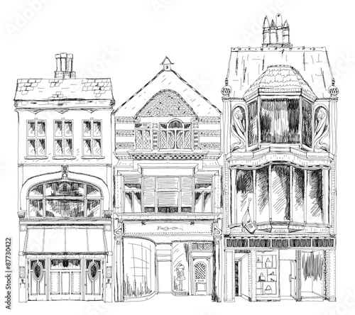 Fototapeta Old English town houses with small shops or business on ground floor. Bond street, London. Sketch collection