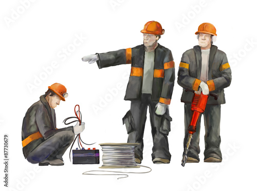 Builders on the building site. Industrial illustration with workers, cranes and concrete mixer machine