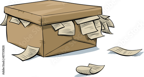 A cartoon cardboard box with paper documents spilling out from under the lid.