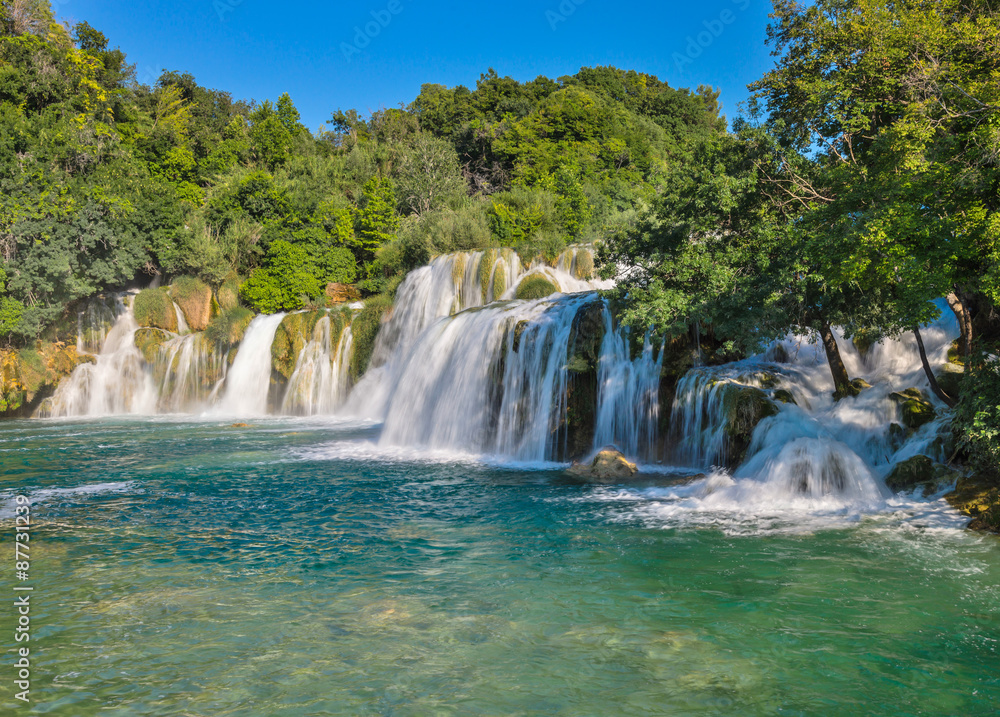 Lower waterfall Skradinski Buk on a sunny day. Krka National Par