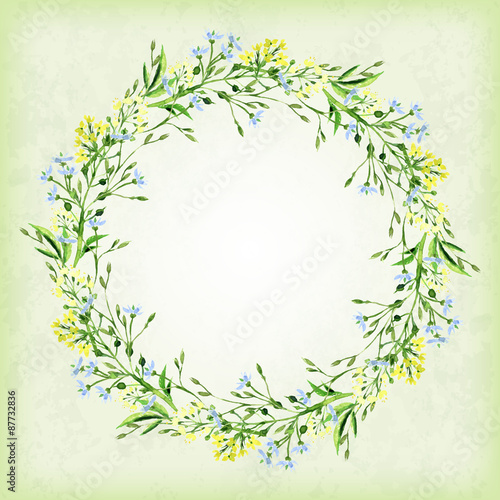 Vector round frame with watercolor herbs