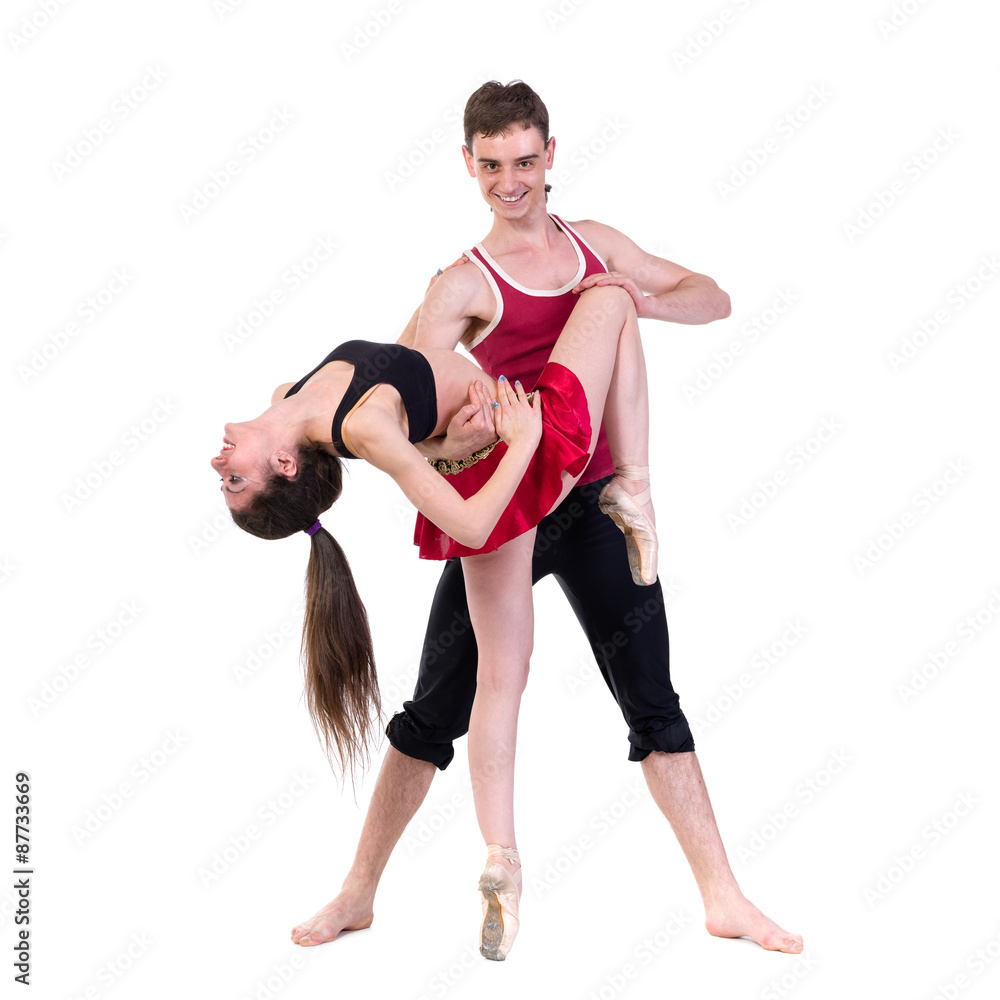 Full length of young ballet couple dancing on white background Full length of young ballet couple dancing on white background