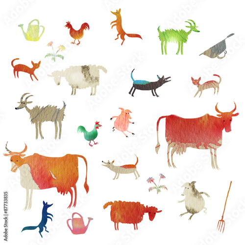 set of watercolor farm animals