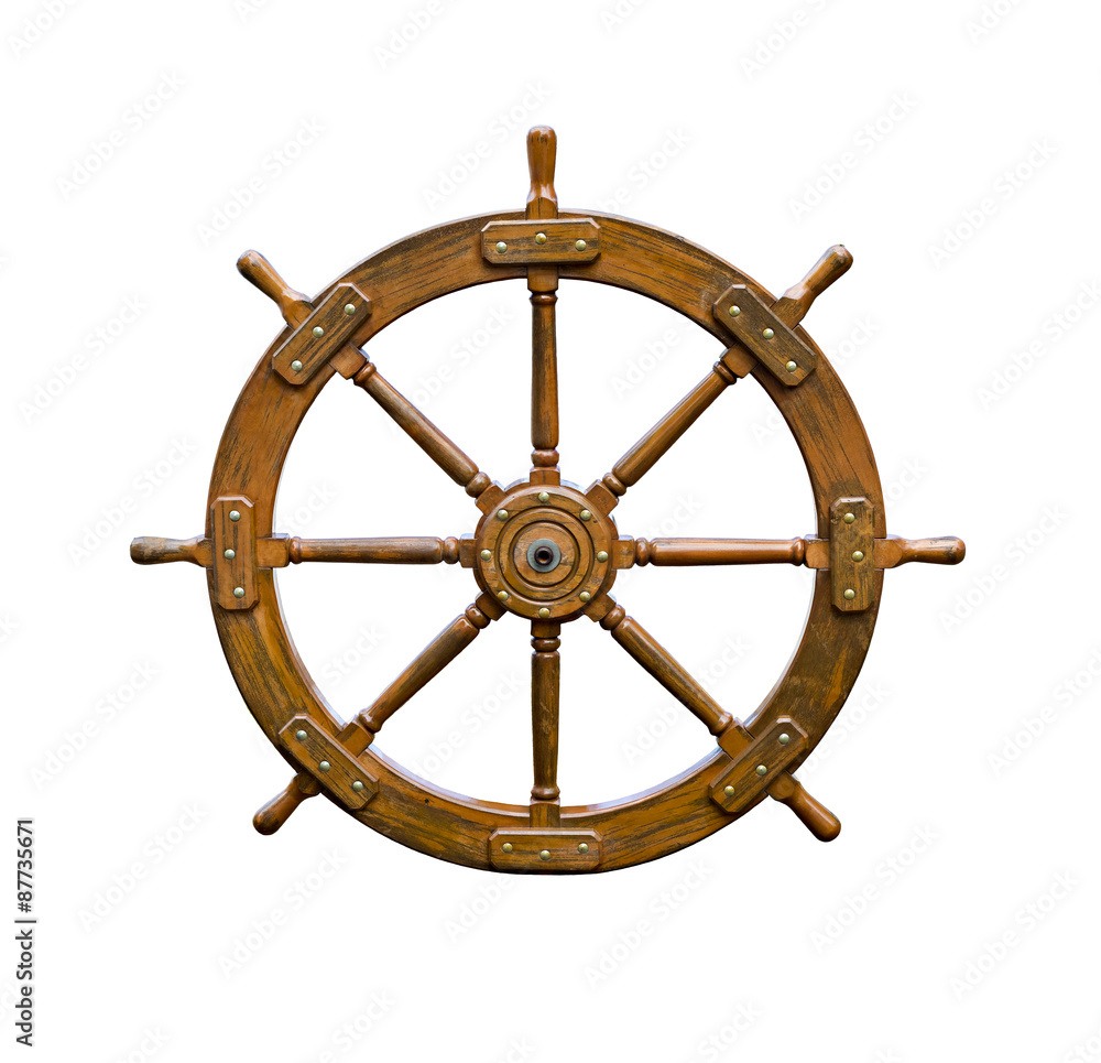 Old boat steering wheel isolated on white background. Useful for leadership and skillful management concepts