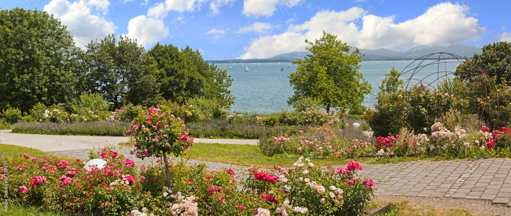 idyllische Uferpromenade mit blühenden Rosen  Gstadt
