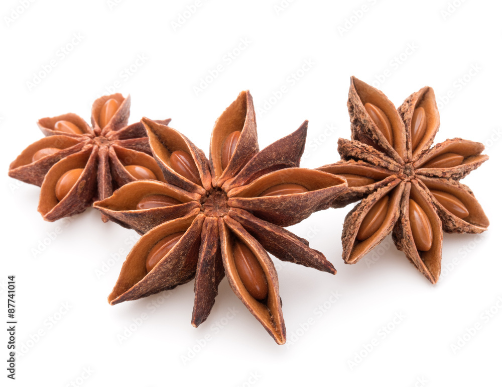Star anise spice fruits and seeds isolated on white background c Star anise spice fruits and seeds isolated on white background c