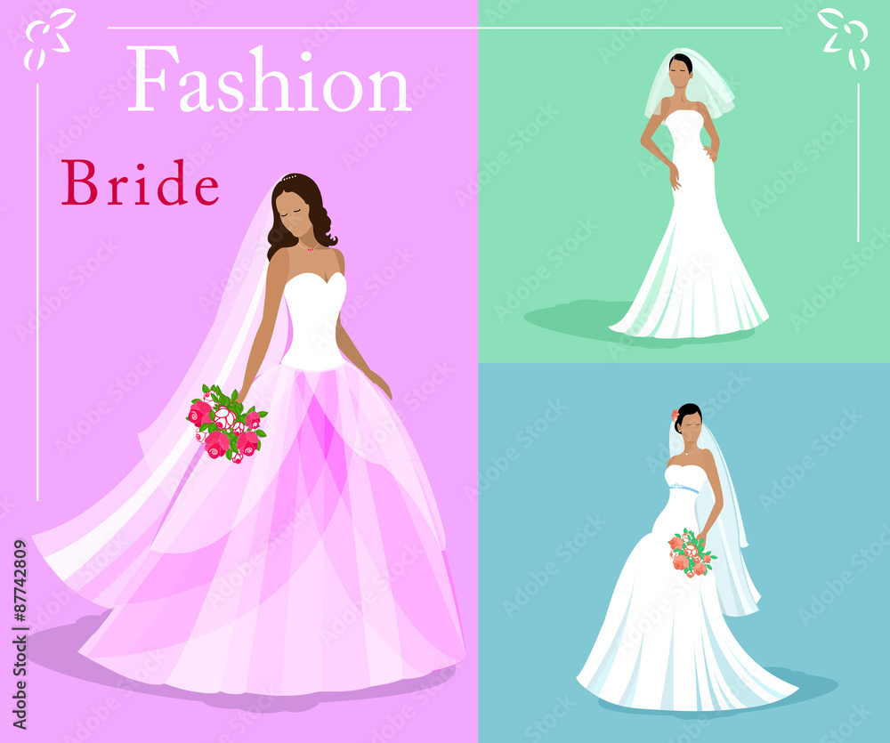 Vector set of a fashion beautiful brides in white wedding dresses with a bouquets. EPS 10 Vector set of a fashion beautiful brides in white wedding dresses with a bouquets. EPS 10