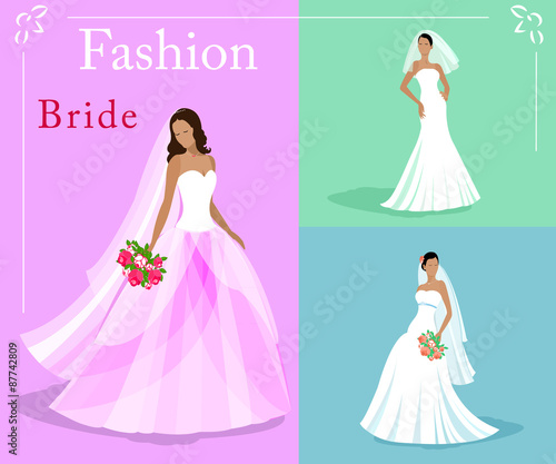 Vector set of a fashion beautiful brides in white wedding dresses with a bouquets. EPS 10