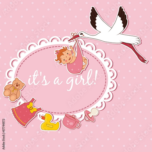 Illustration of stork bringing a girl. Vector