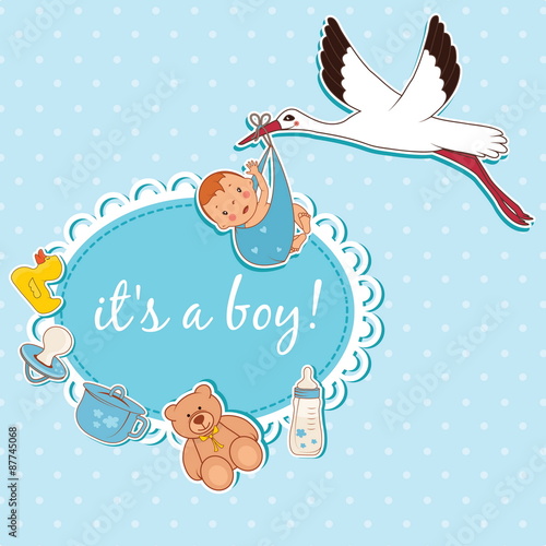 Illustration of stork bringing a boy. Vector