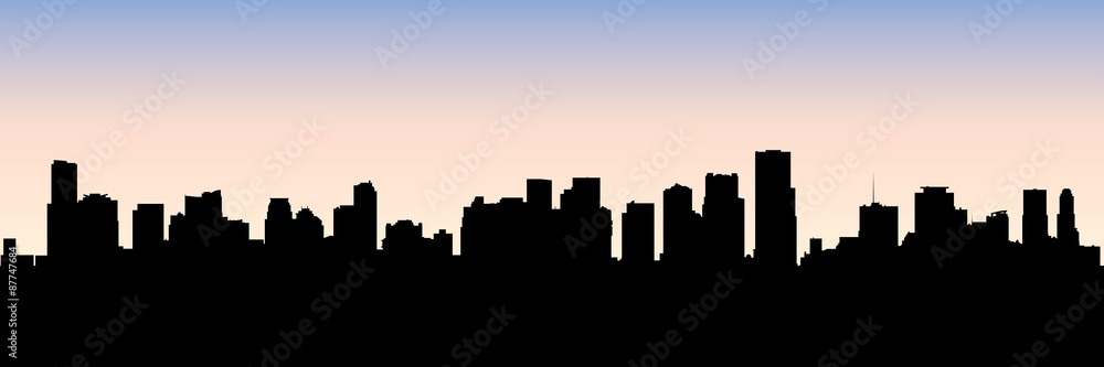 Skyline silhouette of the city of Miami, Florida, USA.