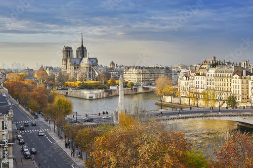 Scenic view of Notre-Dame de Paris on a bright fall day