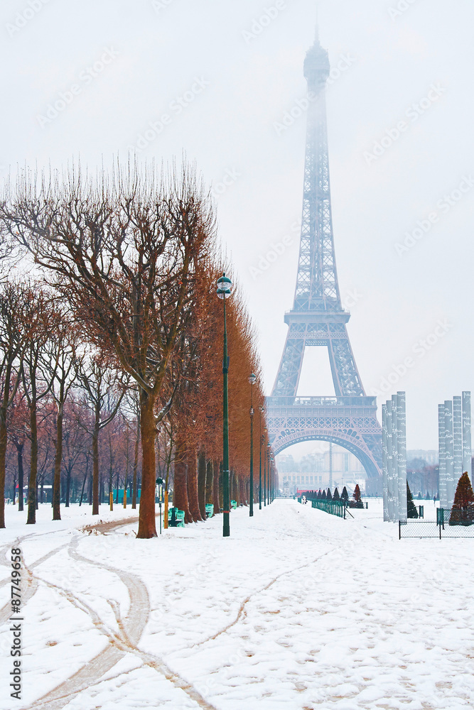 Scenic view of the Eiffel tower on a snowy winter day