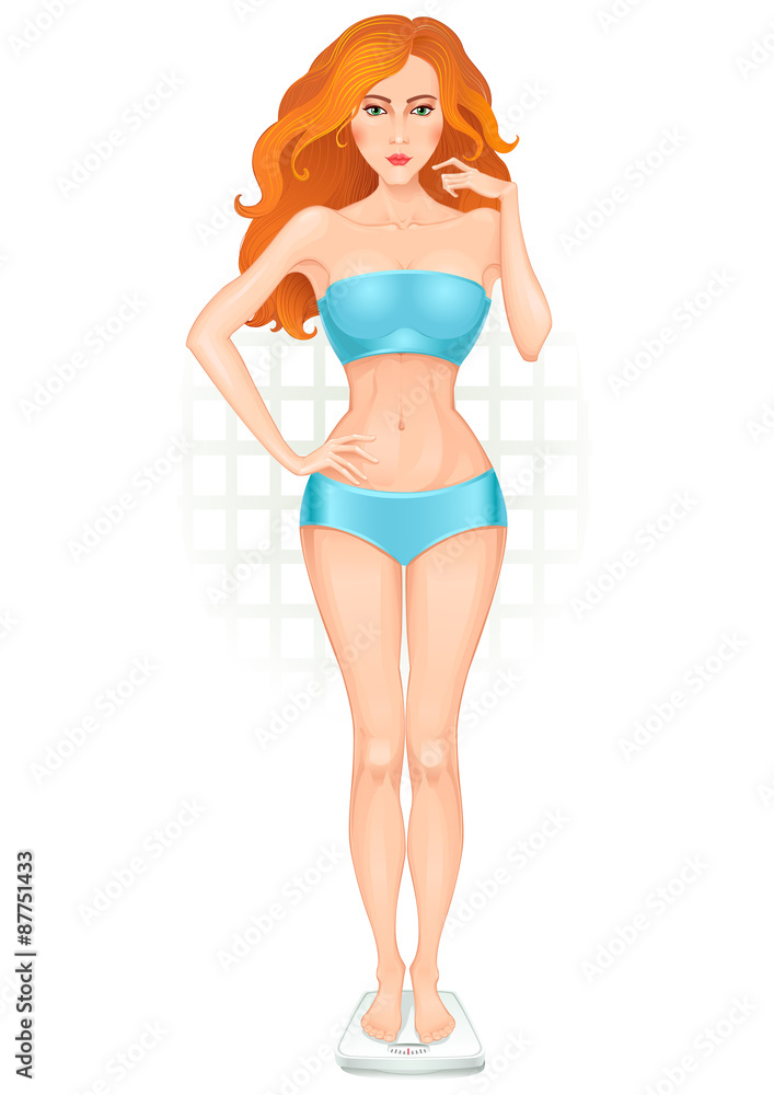Girl in full growth weighing herself - Vector. With an enlarged preview.