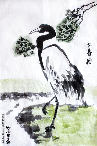 Chinese calligraphy water painting crane