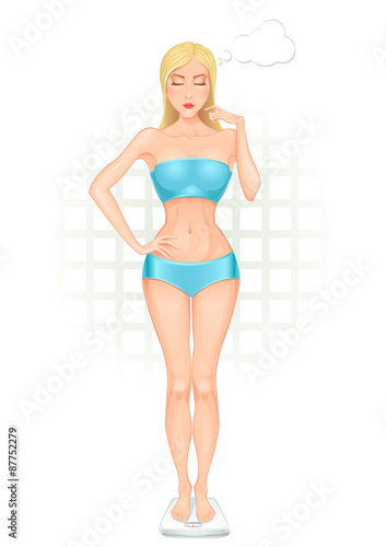 Girl in full growth weighing herself - Vector. With an enlarged preview.