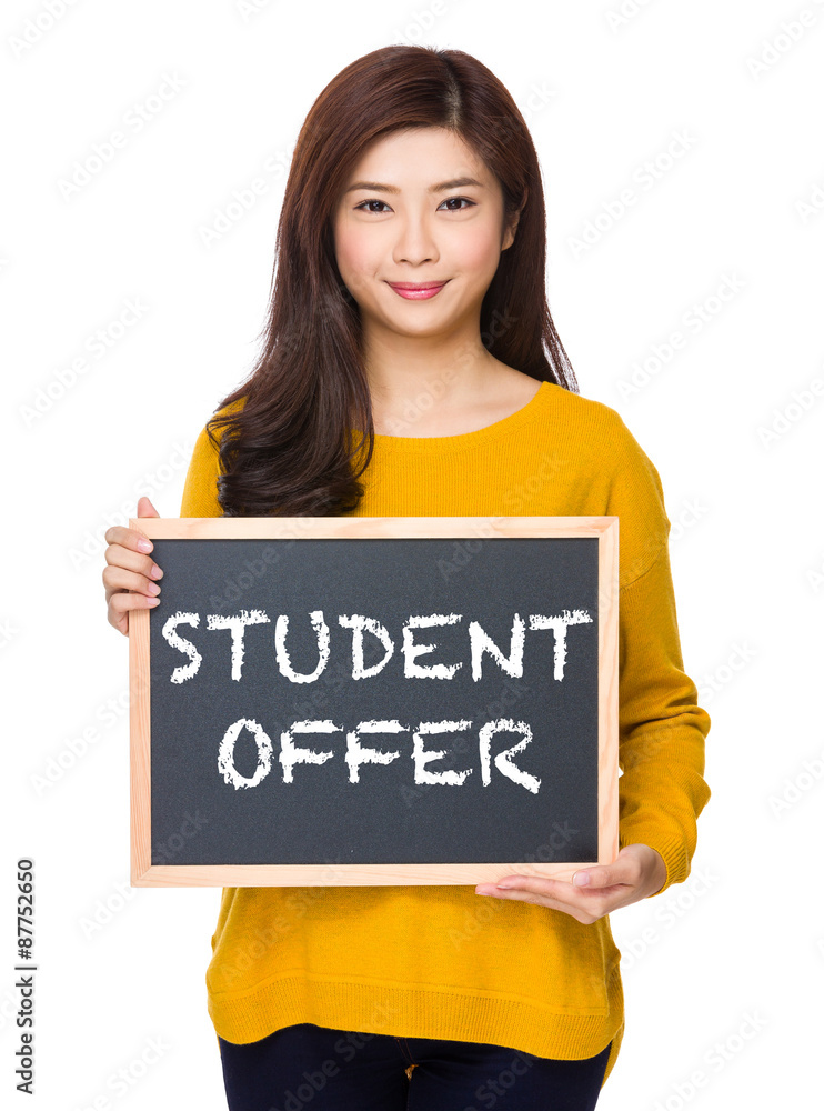 Woman with chalkboard showing phrase of student offer Woman with chalkboard showing phrase of student offer