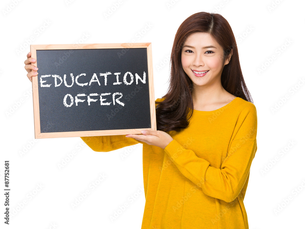 Young woman hand hold with the blackboard showing education offe Young woman hand hold with the blackboard showing education offe