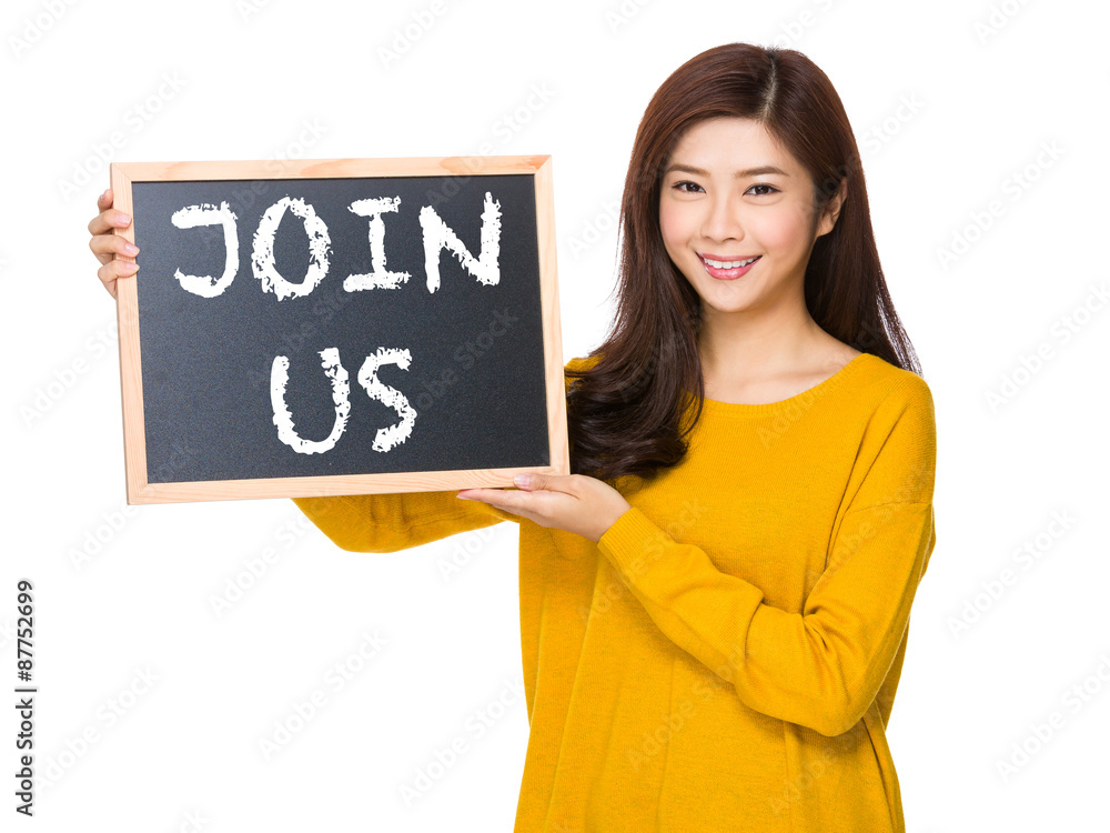 Young woman hand hold with the blackboard showing phrase of join Young woman hand hold with the blackboard showing phrase of join