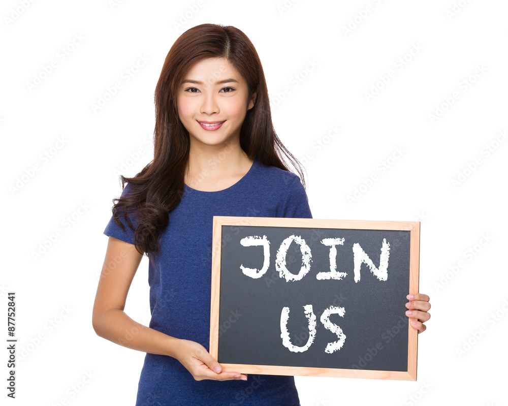 Asian woman with blackboard showing phrase of join us Asian woman with blackboard showing phrase of join us