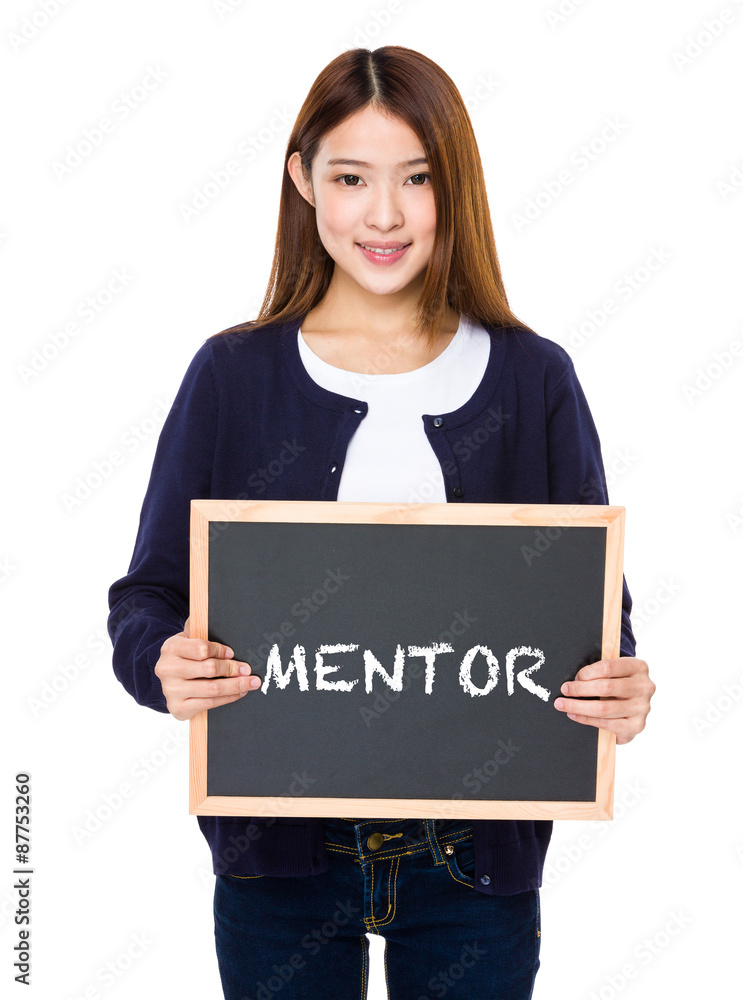 Asian woman with chalkboard showing a word mentor Asian woman with chalkboard showing a word mentor