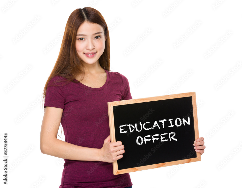 Young student hold with chalkboard showing education offer Young student hold with chalkboard showing education offer