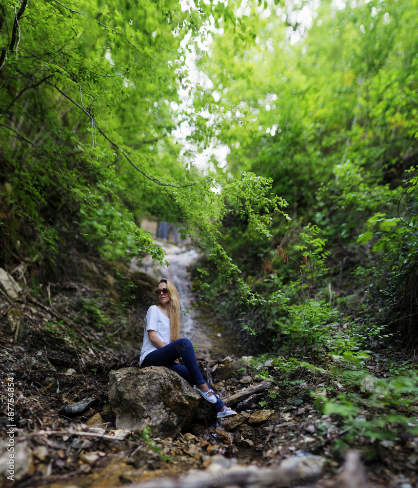 Naklejka premium Stitched Panorama, Girl in nature beautiful girl in fairy forest