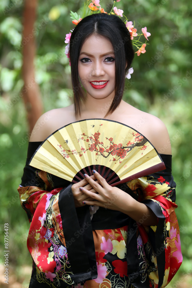 portrait Asia Beautiful Japanese kimono women Japanese geisha women with Folding Fan and traditional fan Stock Photo | Adobe Stock