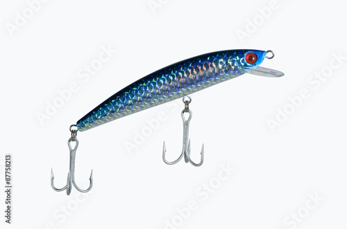Blue lure with hooks on white back ground