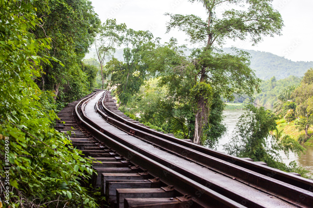 Obraz premium Conventional tracks through forest and mountains.