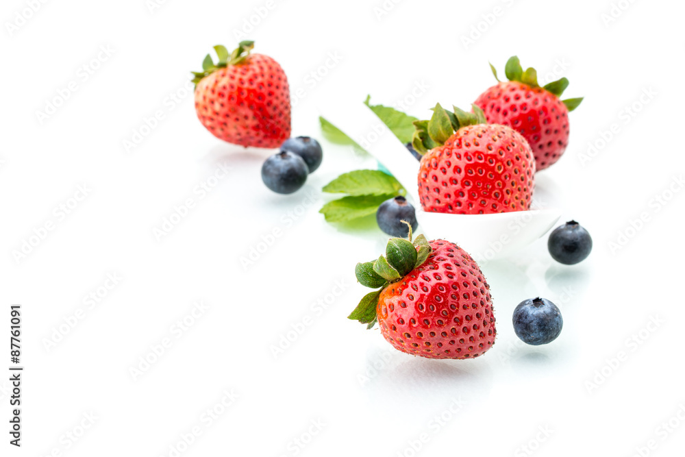 fresh strawberry in white spoon, healthy, natural, mint, Blueber fresh strawberry in white spoon, healthy, natural, mint, Blueber