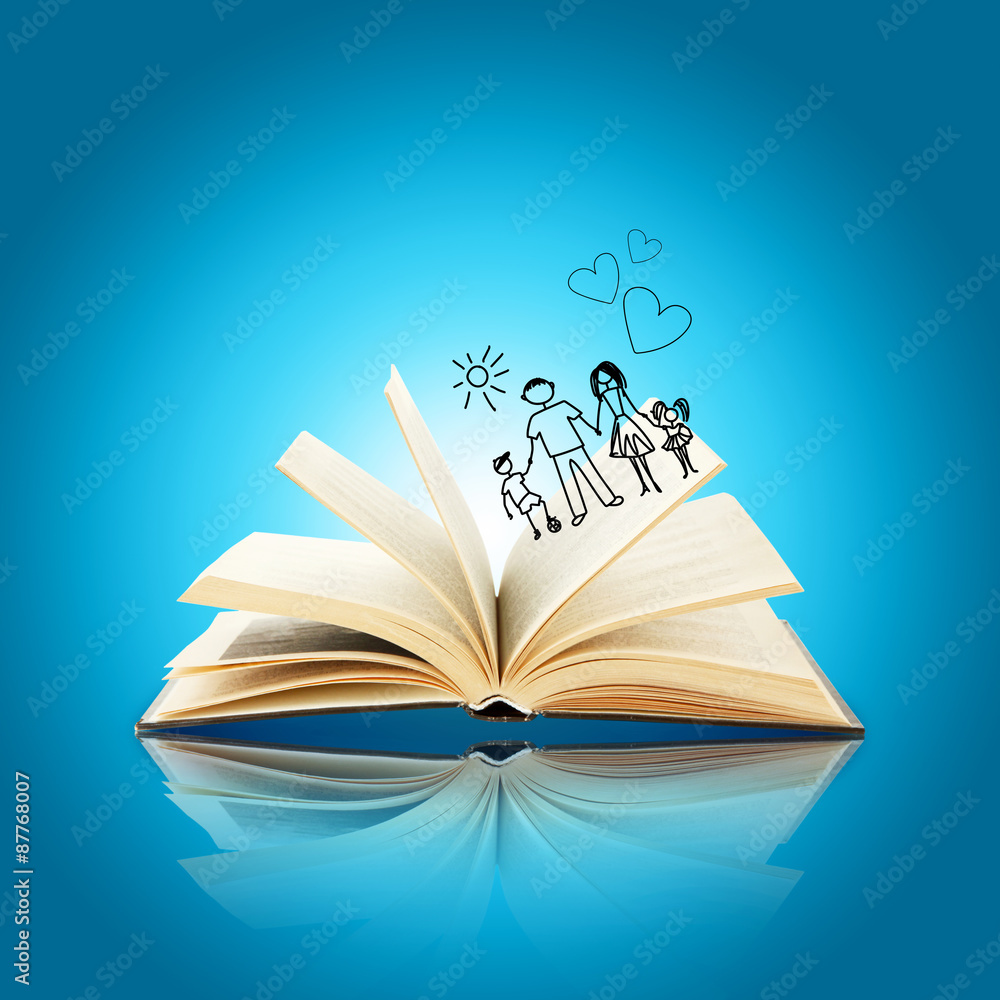 Open book with drawings on blue background Open book with drawings on blue background